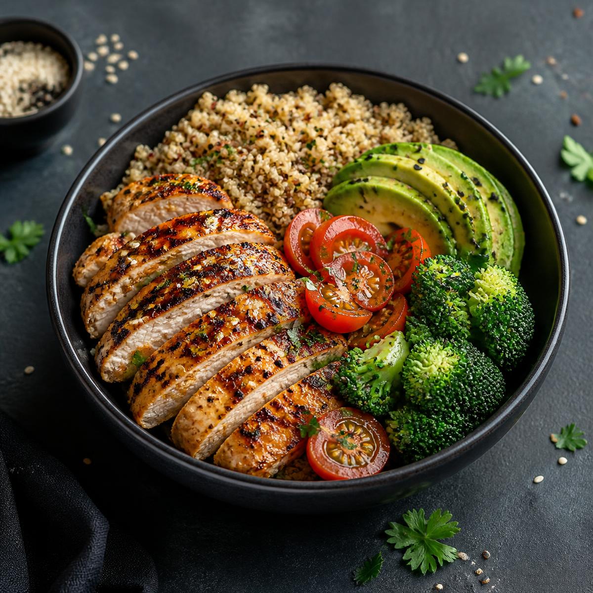 Izgara tavuk, kinoa ve avokadolu premium protein kasesi